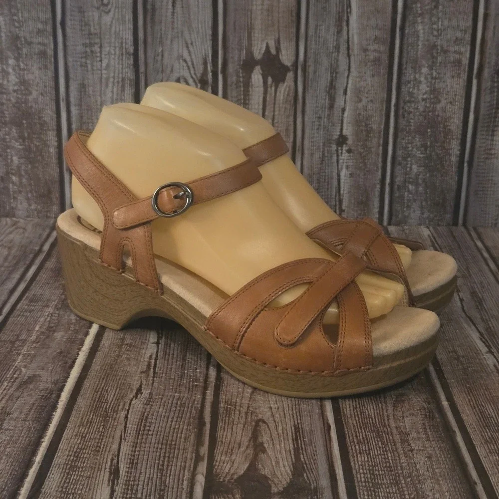 Sz 40/ 9.5-10 Dansko Season Brown Leather Comfort Wedge Sandals Excellent